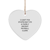 Funny Payroll Clerk Heart Ornament Gifts for Men, Women, Coworkers, and Friends on Christmas, I Can't Fix Stupid But I'm A Fairly Decent Payroll Clerk Quote - Image 1